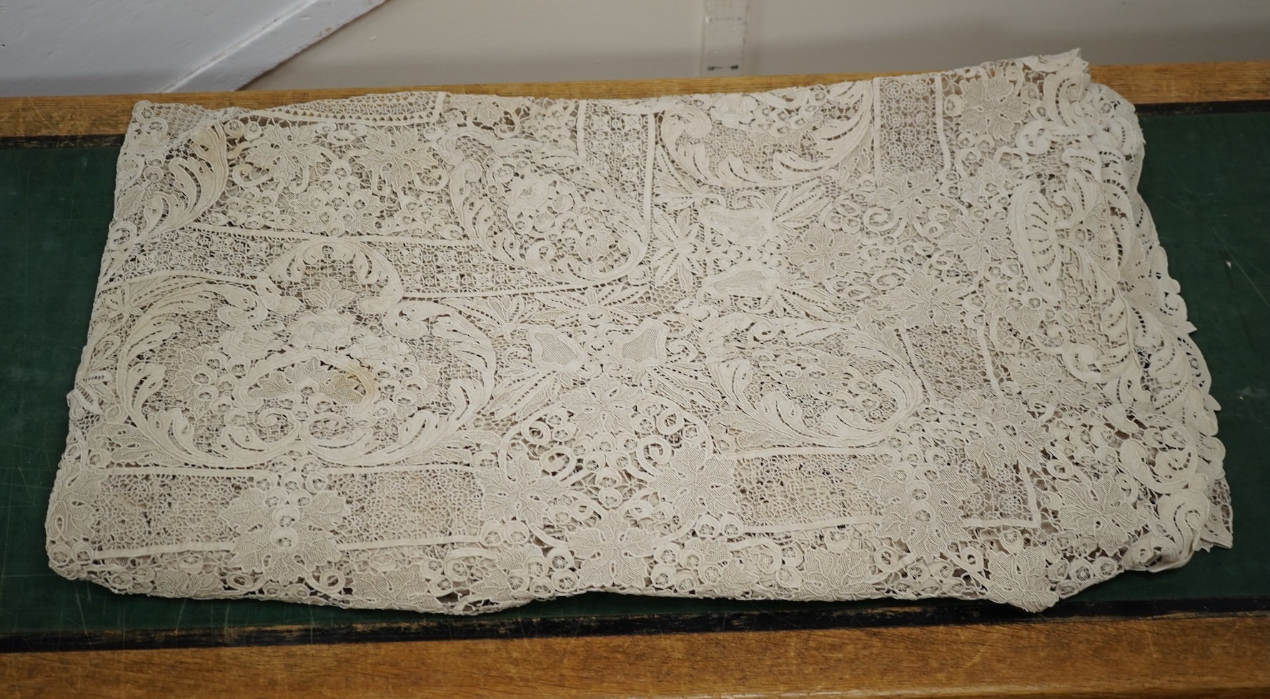 A 20th century lace bedcover, in Burano style lace. 276cm x 172cm
